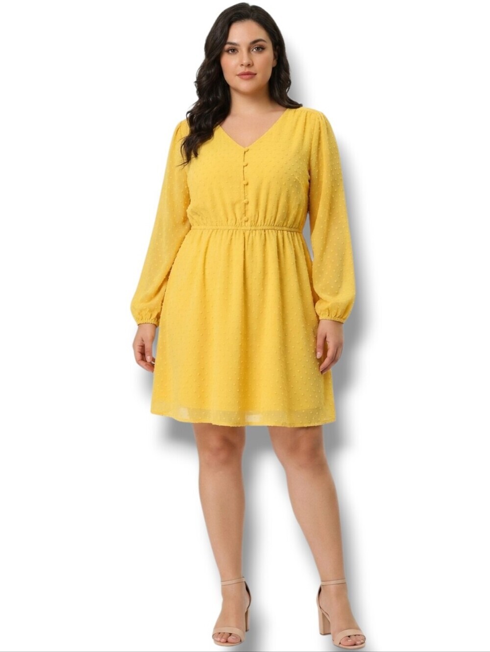Allegra K Yellow Swiss Dot Long Sleeve Lined Dress – Plus Size 1X, NWT